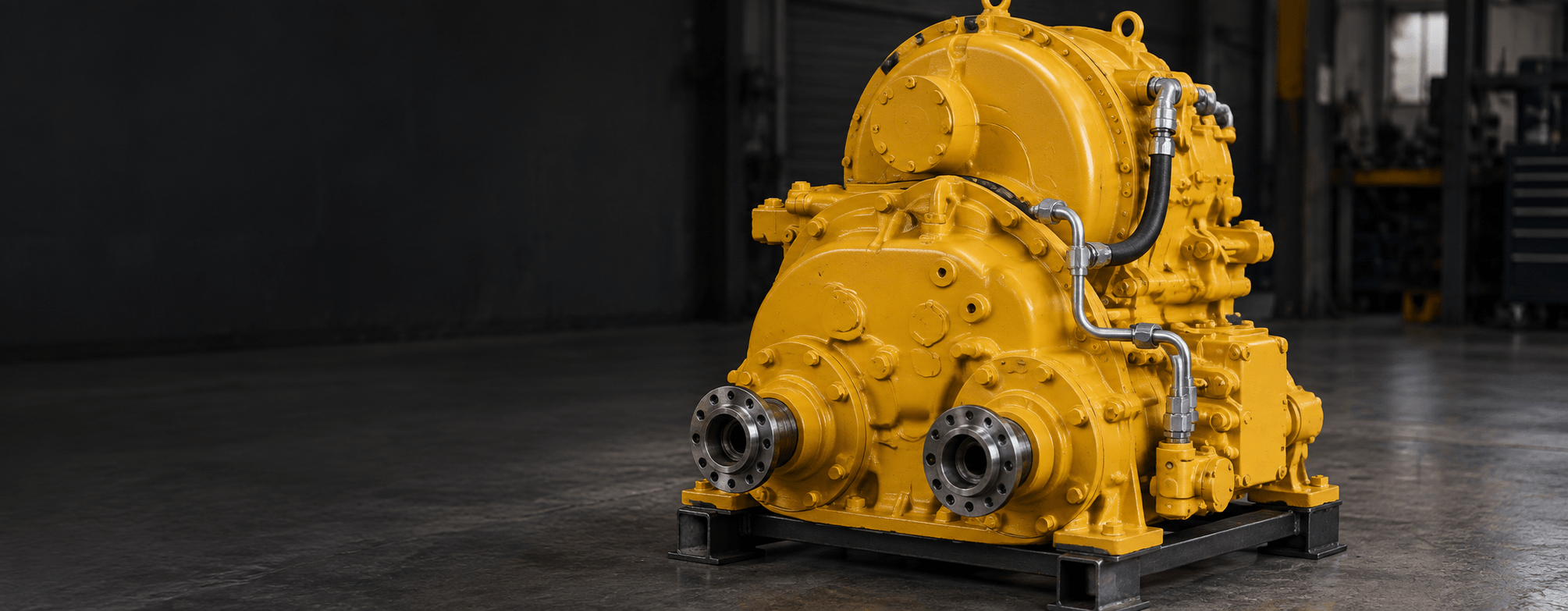 Yellow wheel loader transmission assembly on the workshop floor