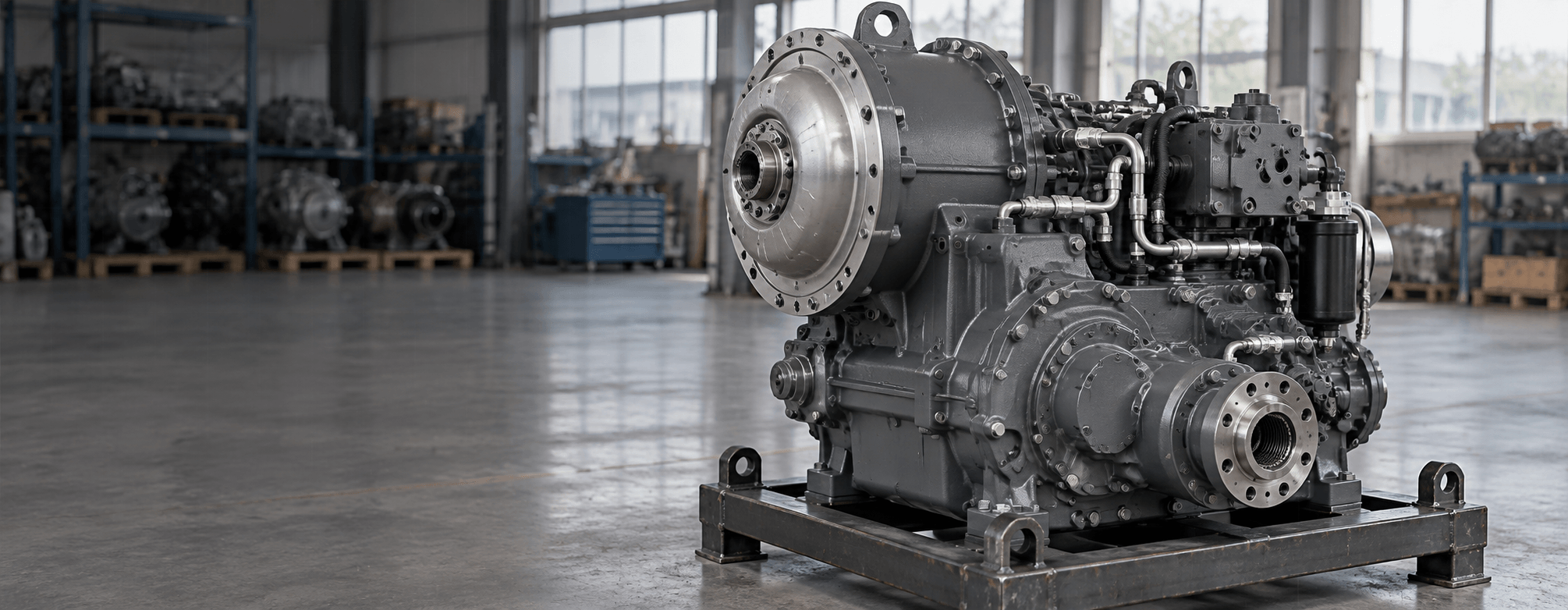 Grey loader transmission assembly in a bright factory hall
